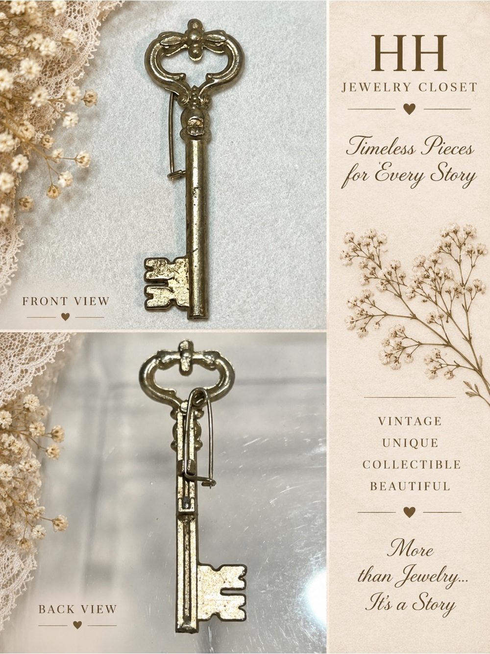Vintage Gold Tone Skeleton Key Brooch Heart Bow Victorian Revival Pin | 3” GUC
